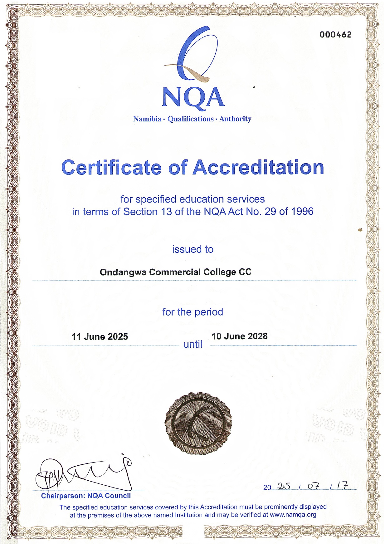 Ondangwa Commercial College Accreditation
